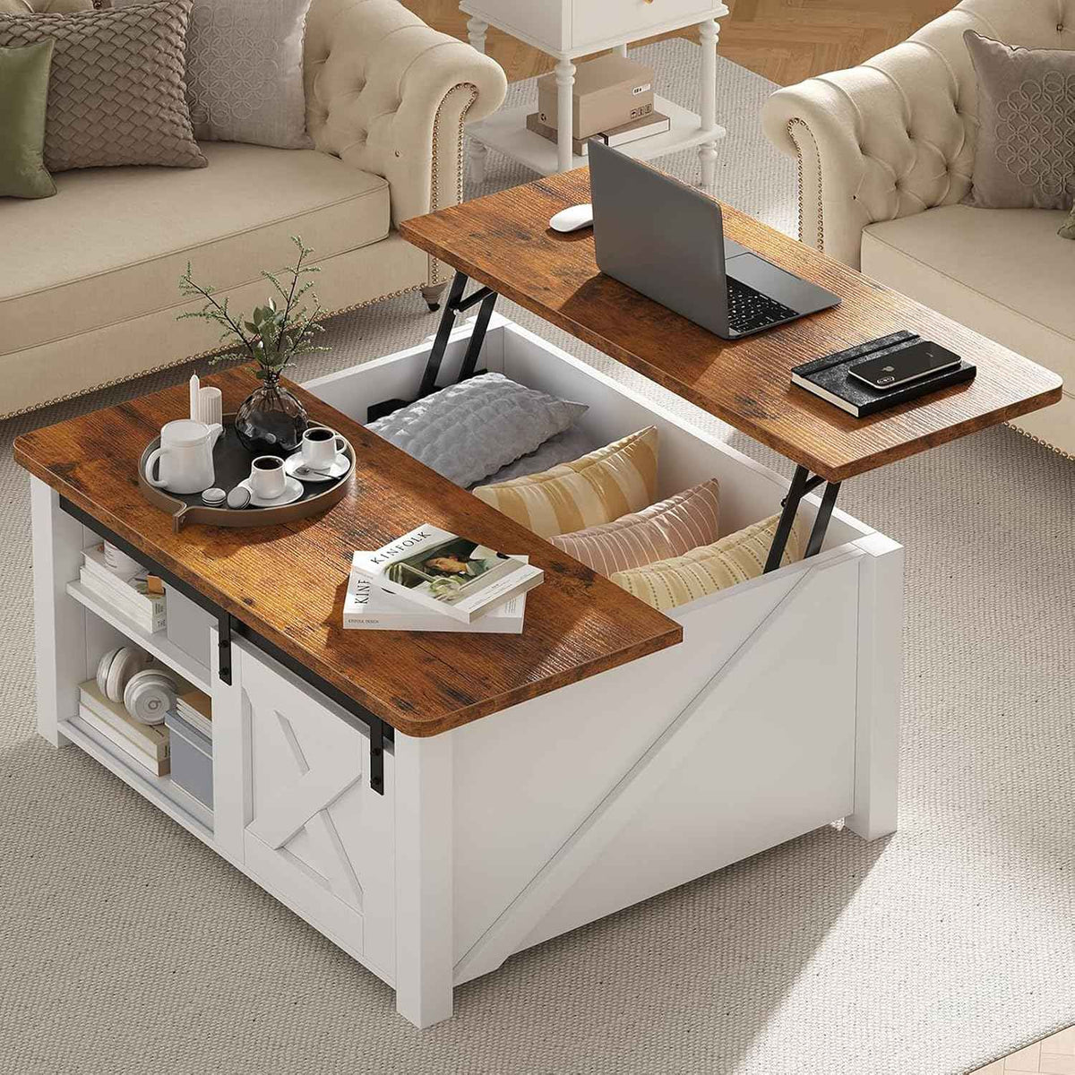 DUMOS Lift Top Coffee Table with Hidden Storage, White