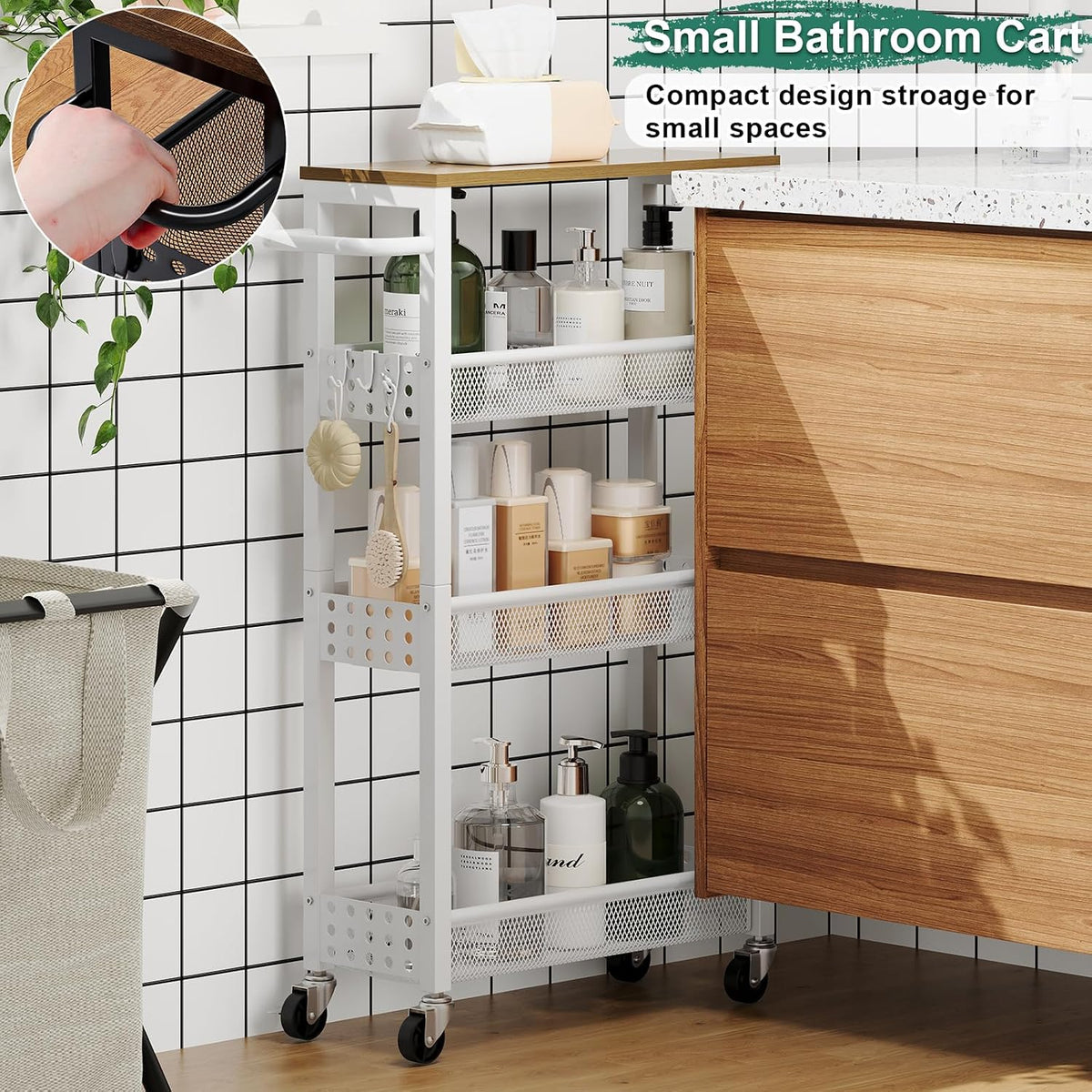 Utility Slim Rolling Cart with Table Top – Small Detergent Organizer Cabinet - Field & Nook