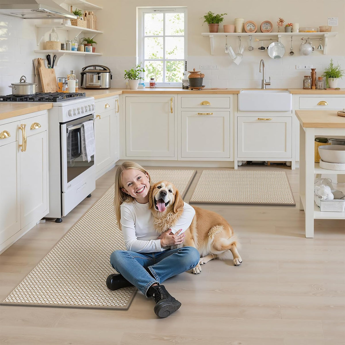 HEBE Kitchen Rugs Sets of 2 Non Slip Washable,20"x59"+20"x32" Cushioned Rubber Kitchen Mats for Floor,Stain Resistant Kitchen Carpet Runner Rug for Hallways, Front of Sink, Laundry