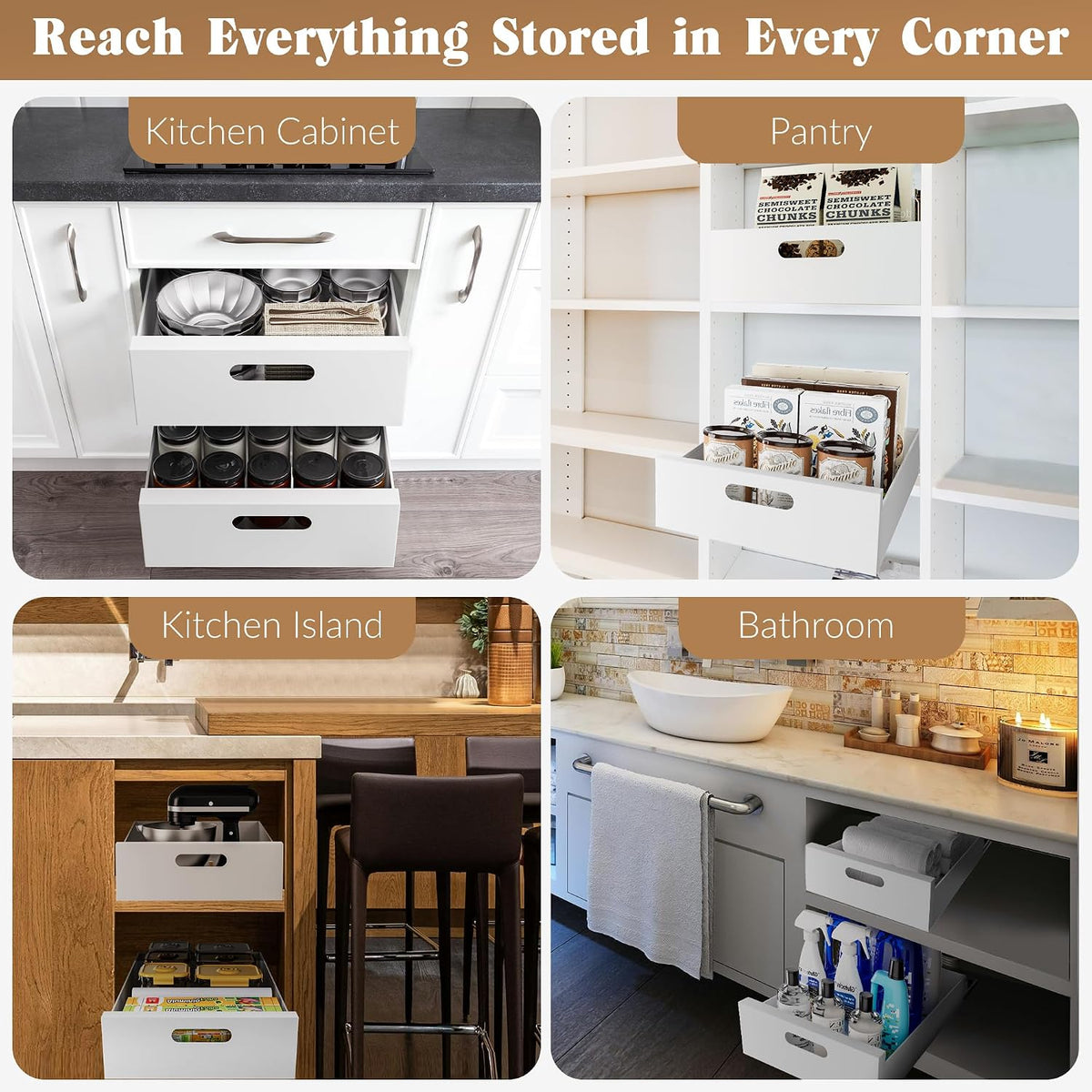 HBL' 2 Pack | 21" Deep Pull Out Cabinet Organizer Adhesive, 10-Inch Wide Sturdy Carbon Steel Roll-Out Drawers, Designed for Frameless Cabinets, Slide-Out Shelves for Pantry. - Field & Nook