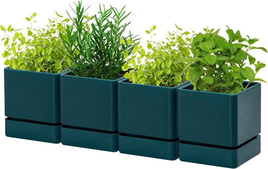 4 Inch Herb Planter Pot, Plastic Planter with Drainage Holes and Saucer, Modern Decorative Gardening Pot for Indoor Plants, Flowers, Herbs, Succulents, Green, Set of 4, 76-Y-C-4