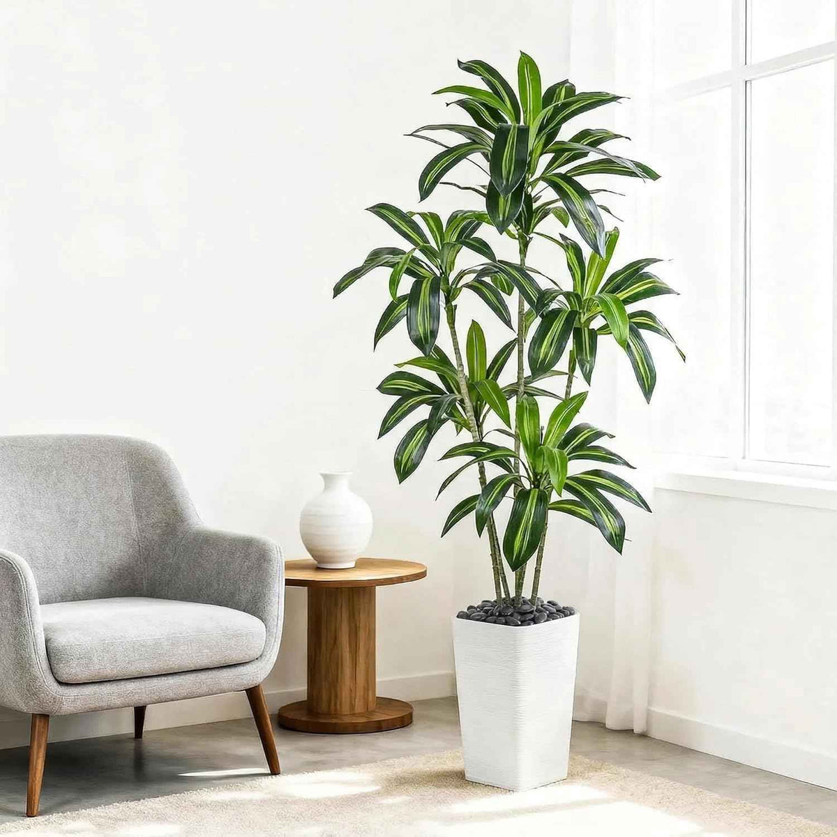 Artificial Dracaena Tree, 6FT Artificial Plants Indoor with White Tall Planter, Faux Yucca Silk Tree Fake Tropical Floor Plant in Pot, Fake Plants for Home House Room Office Entryway Porch Decor