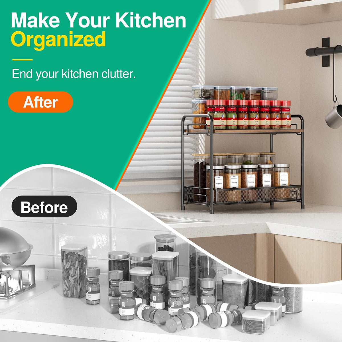 Spice Rack Organizer for Countertop with Wood Top – Black - Field & Nook
