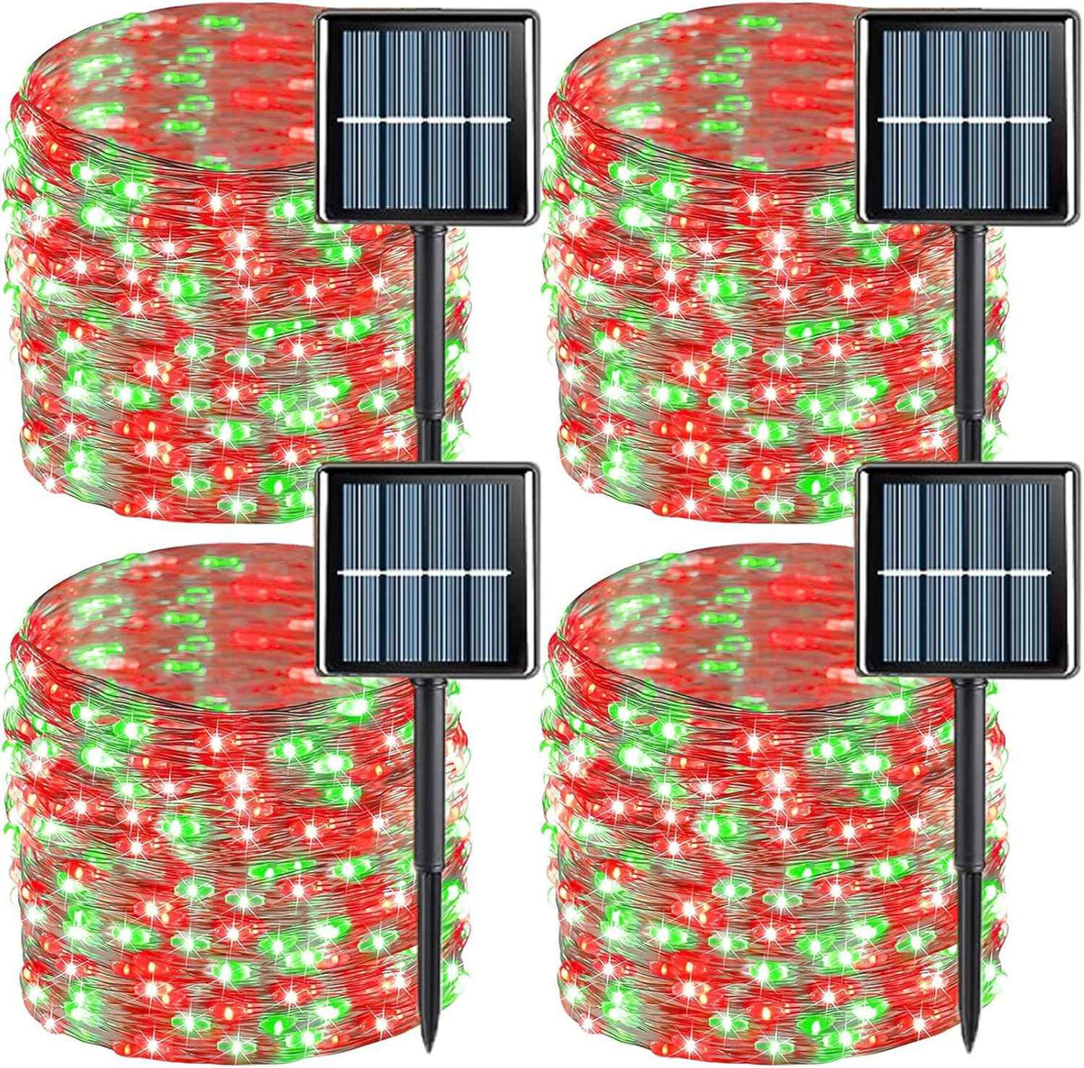 YEGUO Solar Fairy Lights Outdoor Waterproof, 4 Pack Each 33ft 100 LED String Lights, 8 Modes Silver Wire(Green and Red)