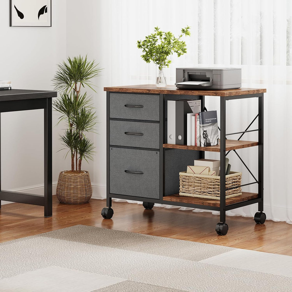 DUMOS 3-Tier Mobile File Cabinet, Rolling Printer Stand with Storage | Fabric Lateral Filing Cabinet fits A4/Letter Size, Under Desk Drawer Cabinet, Printer Cart for Home Office, Gray - Field & Nook