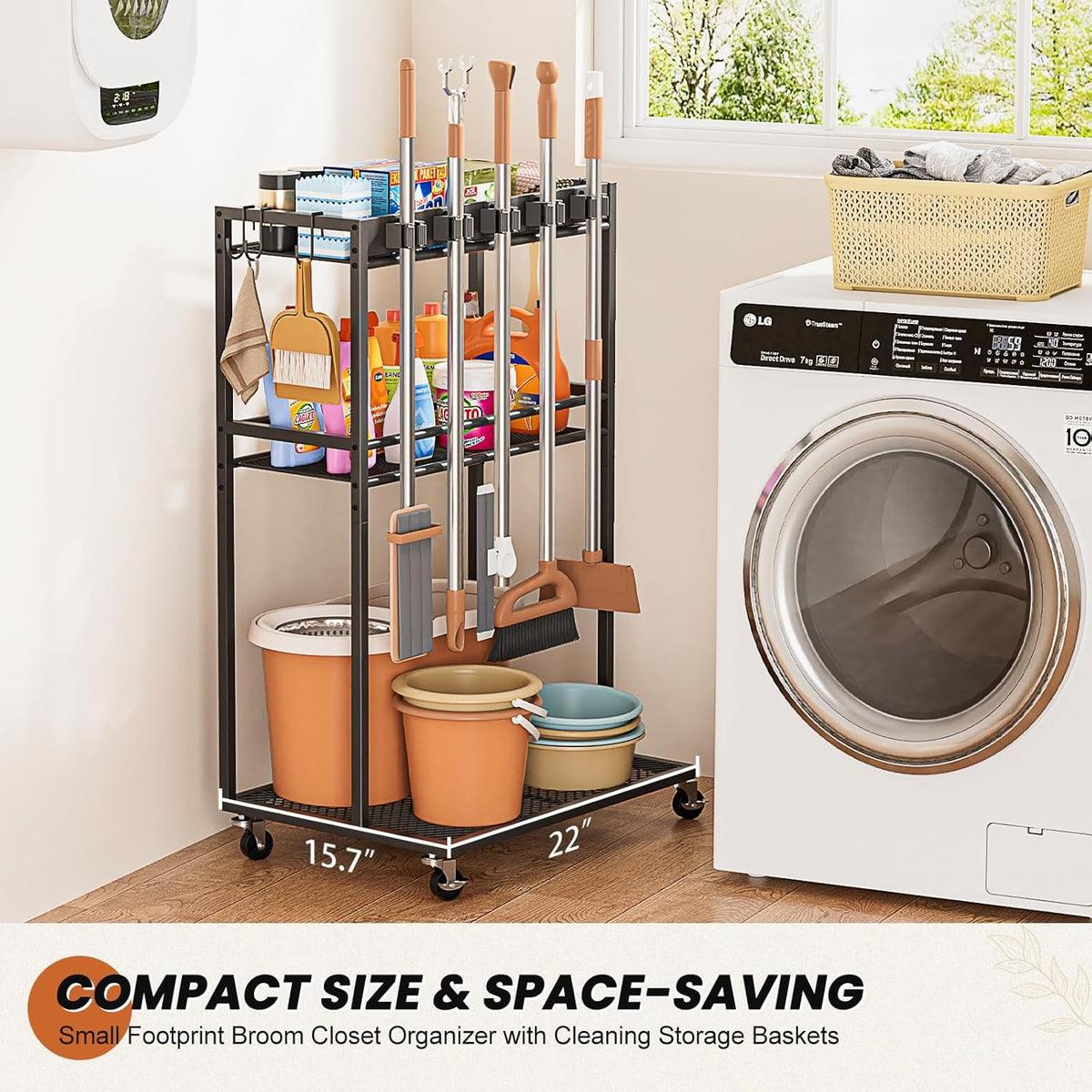 Broom Holder with Cleaning Supplies Organizer, Broom Closet Storage Cabinet with Mop Hanger Gripper Rack Hooks, Cleaning Housekeeping Janitorial Cart with Cleaning Caddy, Laundry Room Organization - Field & Nook