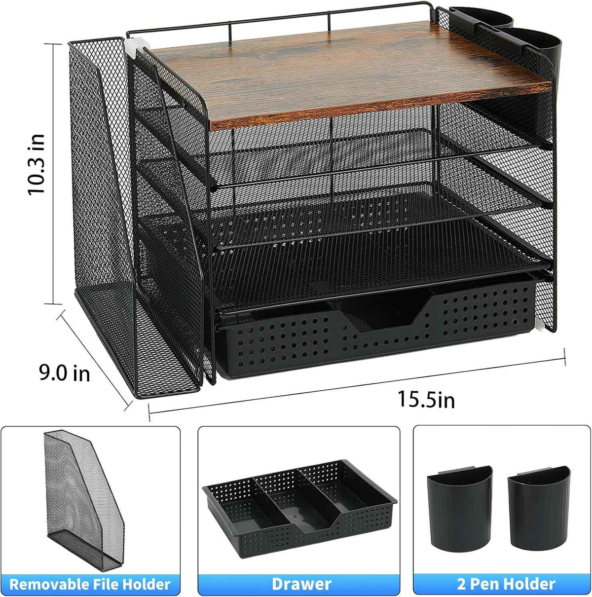 Desk Organizer, 5-Tier Desktop File Organizer with Drawer and Pen Holders, Office Desk Accessories, File Sorters, Workspace Organizers for Office Supplies(Wood)