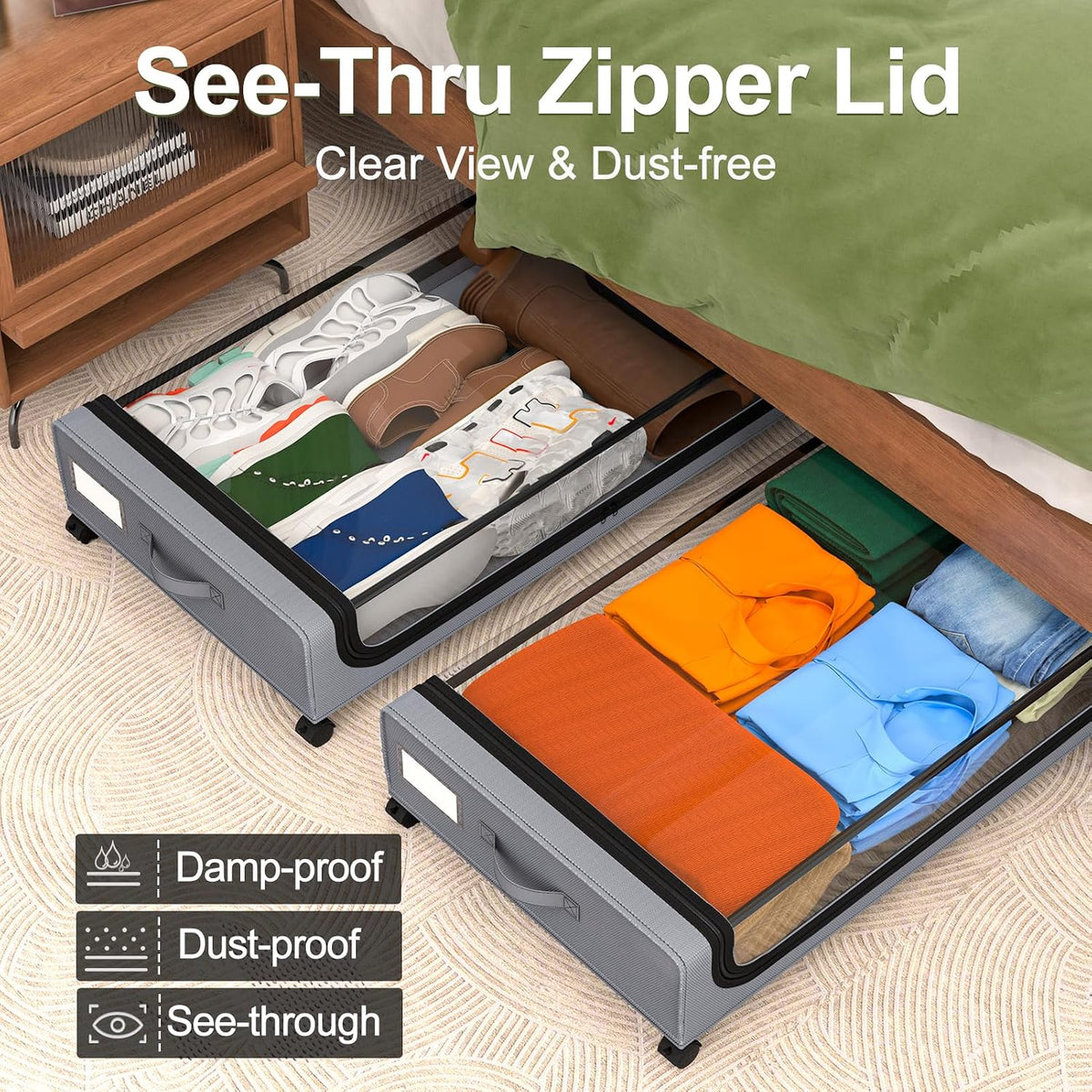 GoMaihe Under Bed Storage with Wheels 48L Grey 2-Pack | Rolling Bins for Shoes Clothes in Dorm Bedroom - Metal Drawers Easy Pull-out - Field & Nook