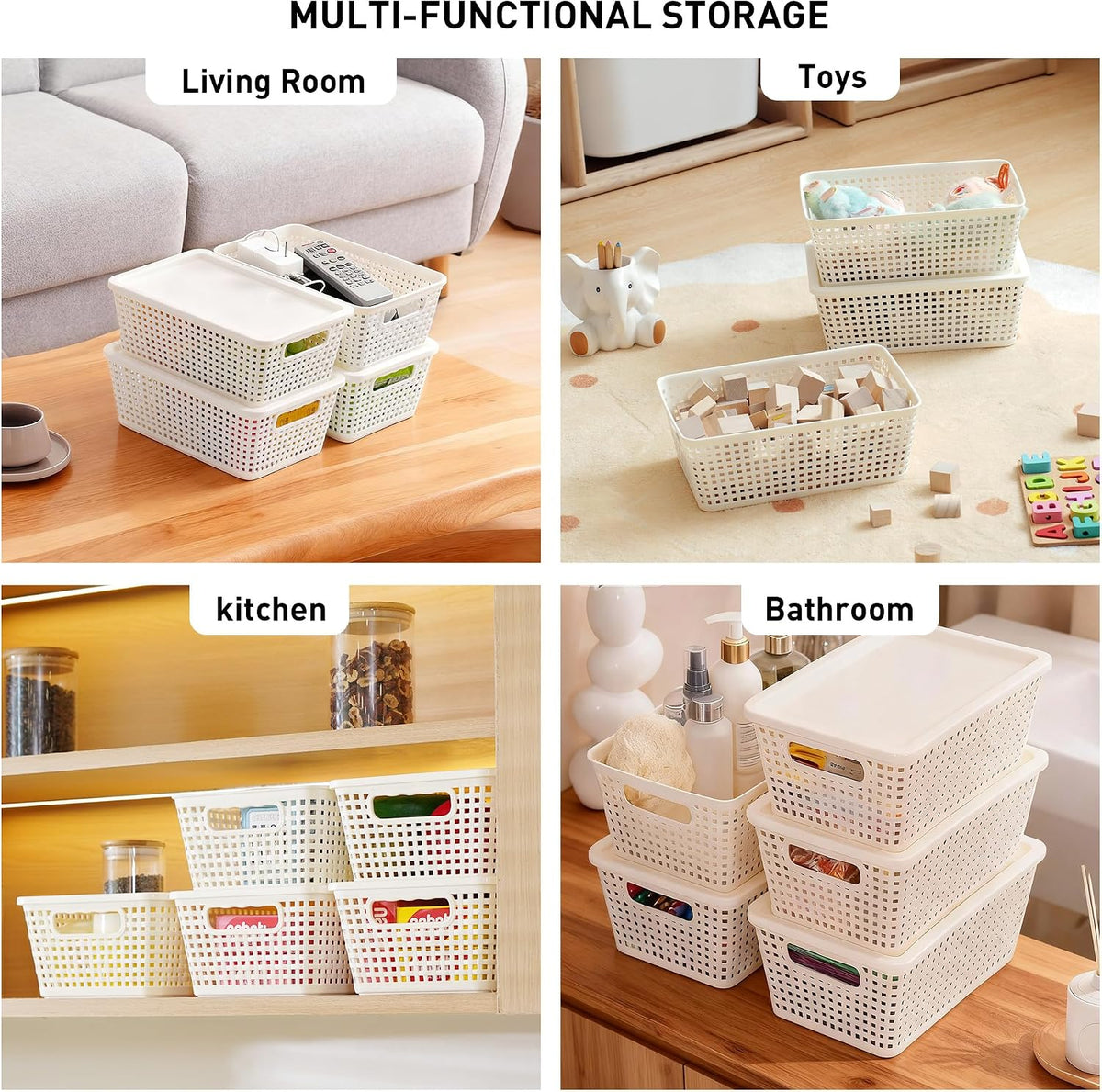 Plastic Storage Baskets With Lid, Storage Bins for Organizing, Stackable Decorative Containers for Shelves Drawers Desktop Closet Playroom Classroom Office, 8 Pack-White - Field & Nook