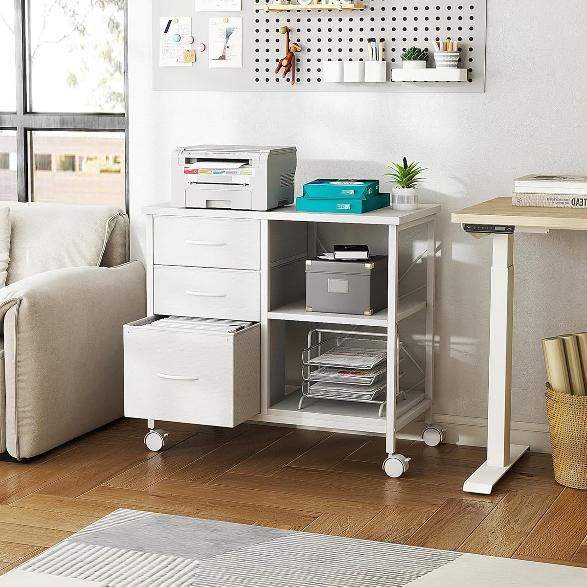 Healsmart Heavy Duty Mobile File Cabinet with 3 Fabric Drawers, Rolling Printer Stand with Back Support & Open Shelf, Multifunctional Storage Organizer for Home Office, White - Field & Nook