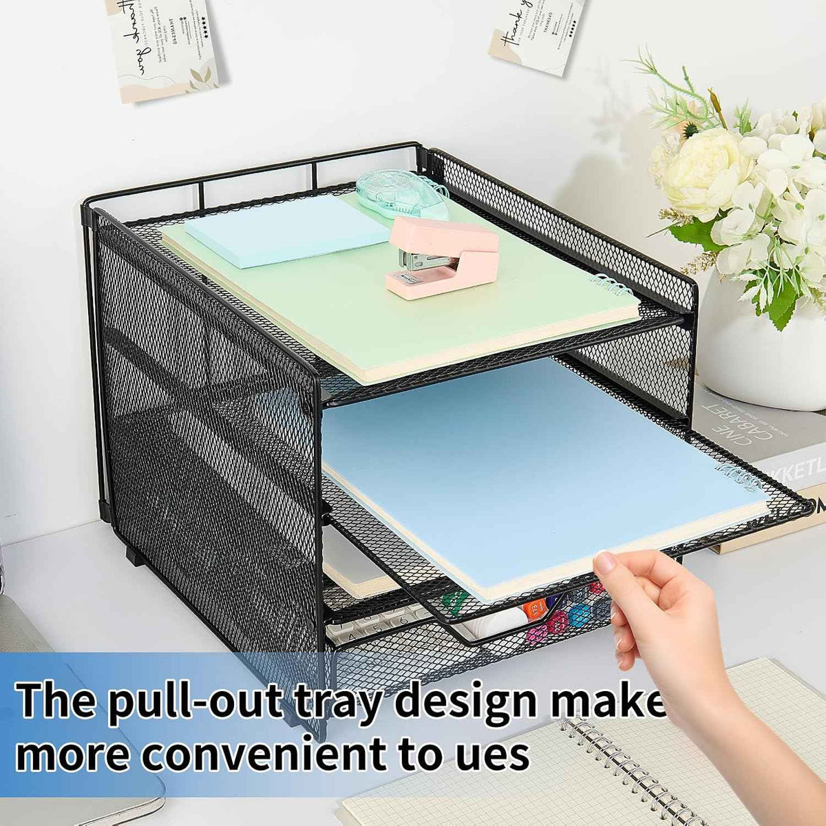 Desk Organizer, 4-Tier Desktop File Organizer with Drawer, Office Desk Accessories, File Sorters, Workspace Organizers for Office Supplies(Black Upgraded)