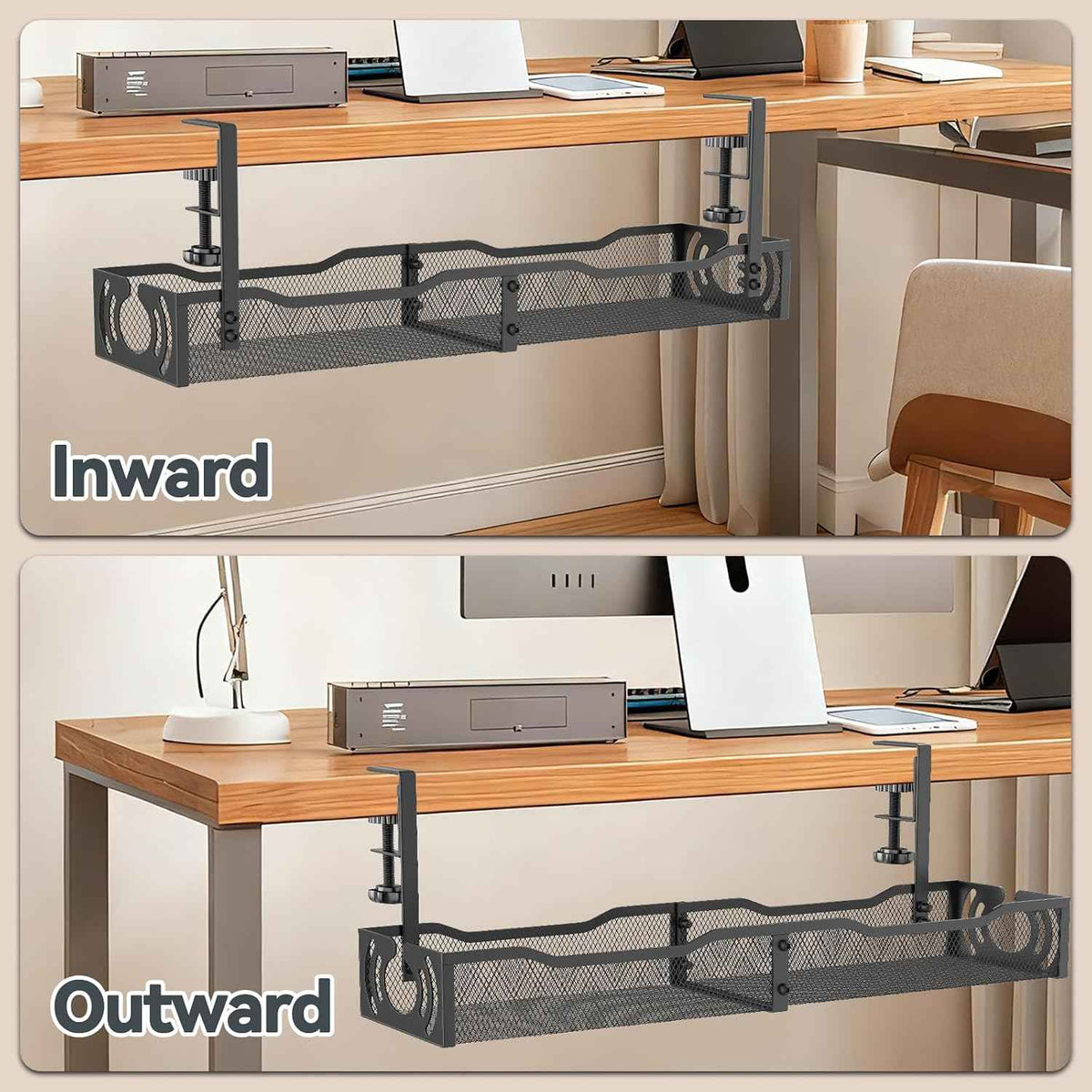 25.3-Inch Under-Desk Cable Tray – No-Drill Clamp-On Metal Cord Organizer, Black