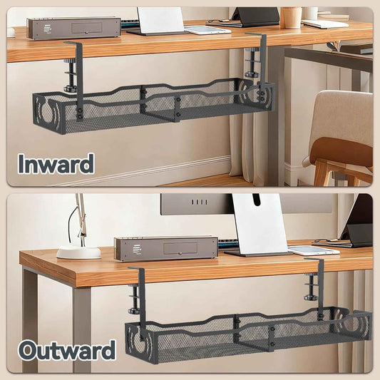 25.3-Inch Under-Desk Cable Tray – No-Drill Clamp-On Metal Cord Organizer, Black