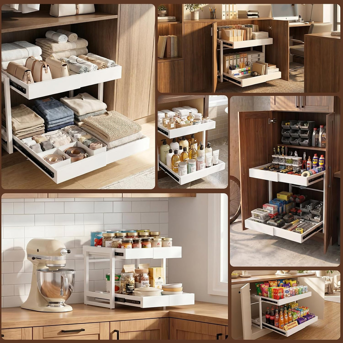 2-Tier Expandable Pull Out Cabinet Organizer, Heavy Duty Adjustable Width Metal Slide Out Shelf, No Screw Cabinet Storage Rack for Kitchen Bathroom 17in Depth Cabinet（White） - Field & Nook