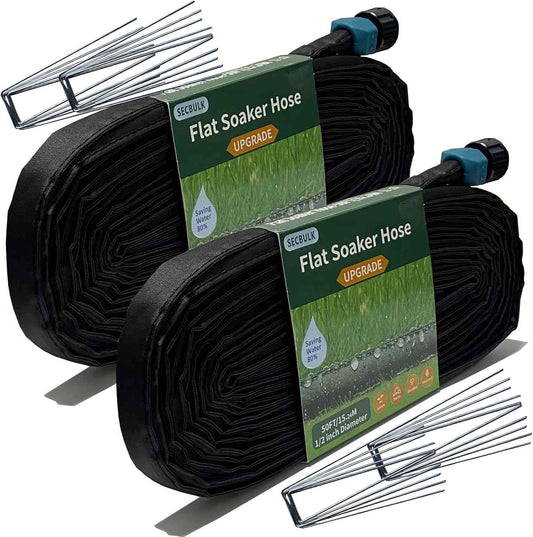 2025 Flat Soaker Hose 100 ft with Stakes for Garden, 50ft x 2 Linkable Drip Hose Diy Garden Irrigation System Saving 80% Water, Dual-layer Leak-free Design Water Hose with Holes