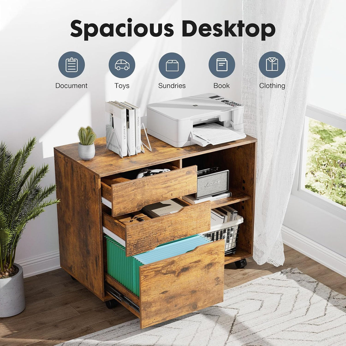DUMOS File Cabinet with 3 Drawers, Wood Under Desk Storage Printer Stand | Rolling Lateral Filing Cabinet with Adjustable Shelves for Home Office Study Organization,Rustic - Field & Nook