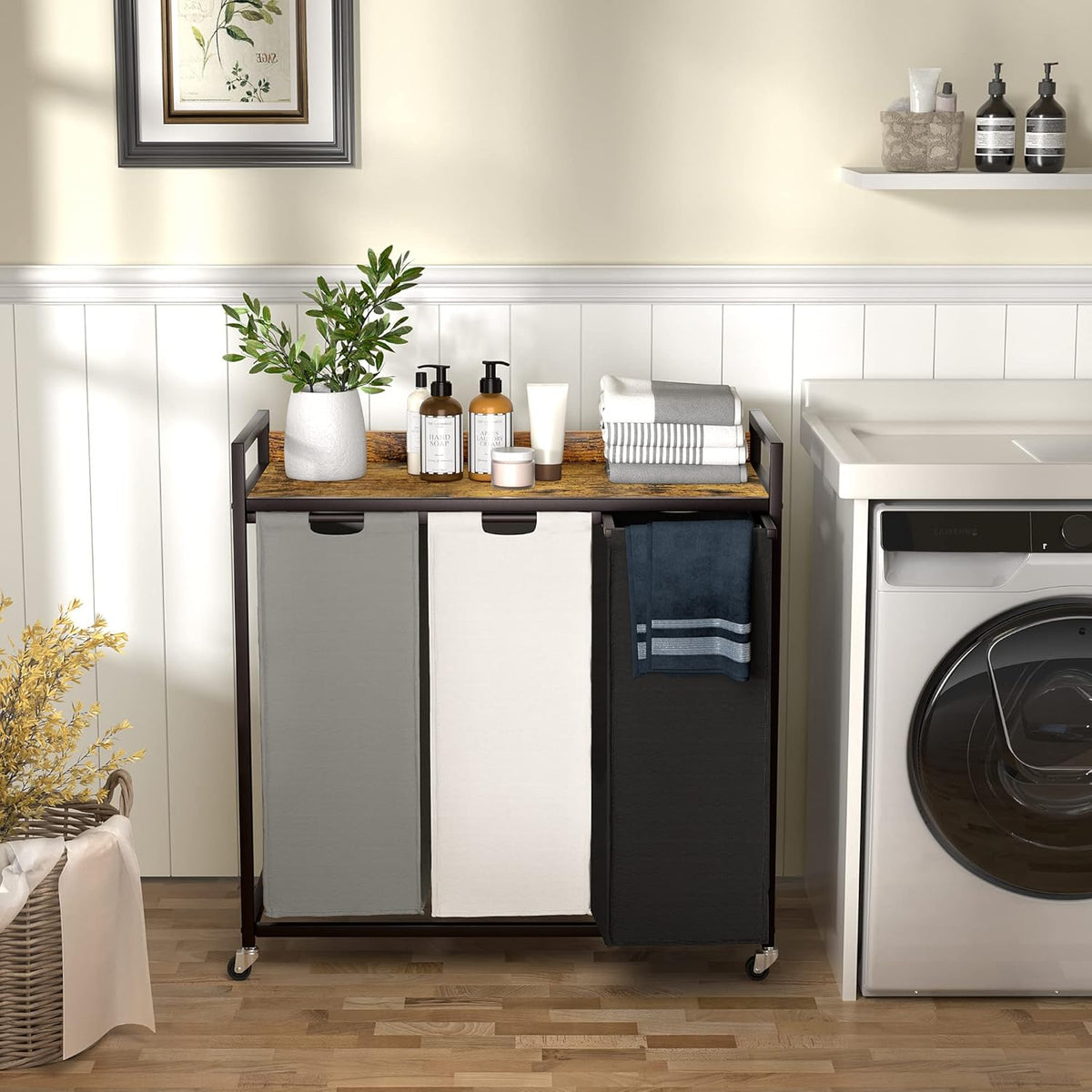 3-Section Rolling Laundry Hamper with Storage Shelf - Field & Nook