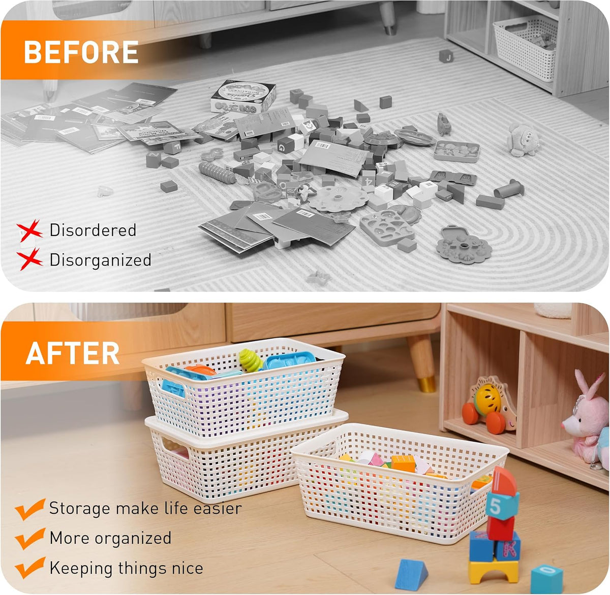 Plastic Storage Baskets With Lid, Storage Bins for Organizing, Stackable Decorative Containers for Shelves Drawers Desktop Closet Playroom Classroom Office, 8 Pack-White - Field & Nook