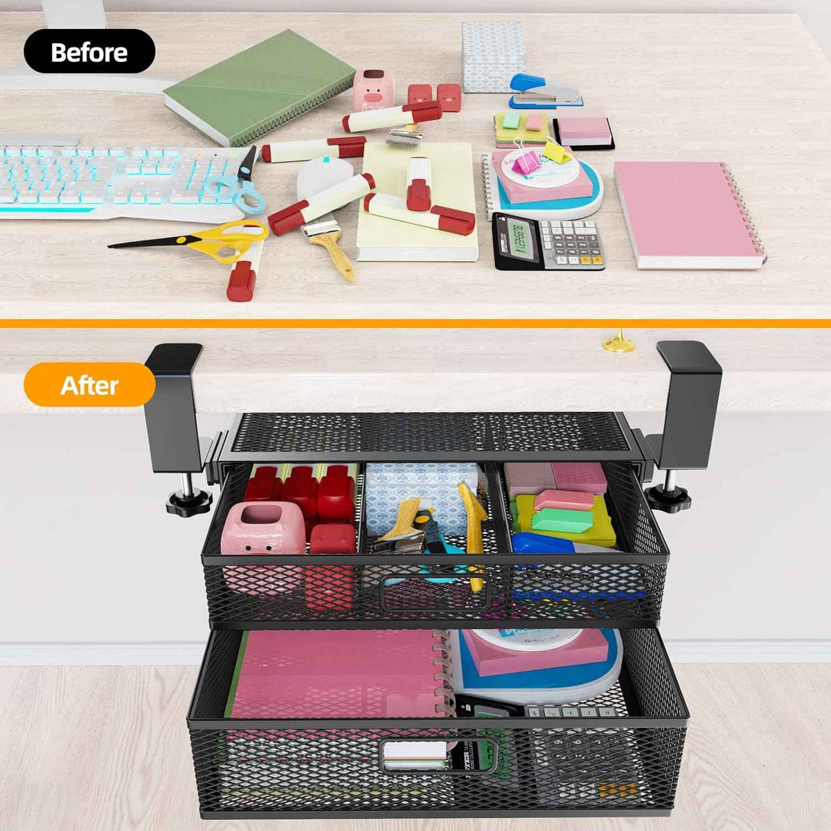 Under Desk Drawer Organizer No Drill Metal Under Desk Storage Drawer Container 2 Slide Out Cabinet Drawer Suitable for Home And Office (Medium)