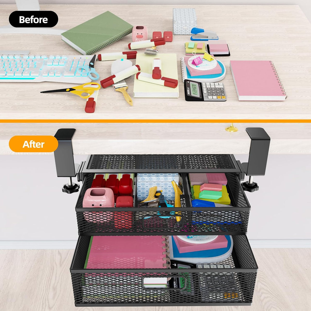 Under Desk Drawer Organizer No Drilling 2 Slide Out Drawer Under Desk Storage Drawer Clamp On Under Desk Management Drawer Organizer Suitable for Home and Office - Field & Nook