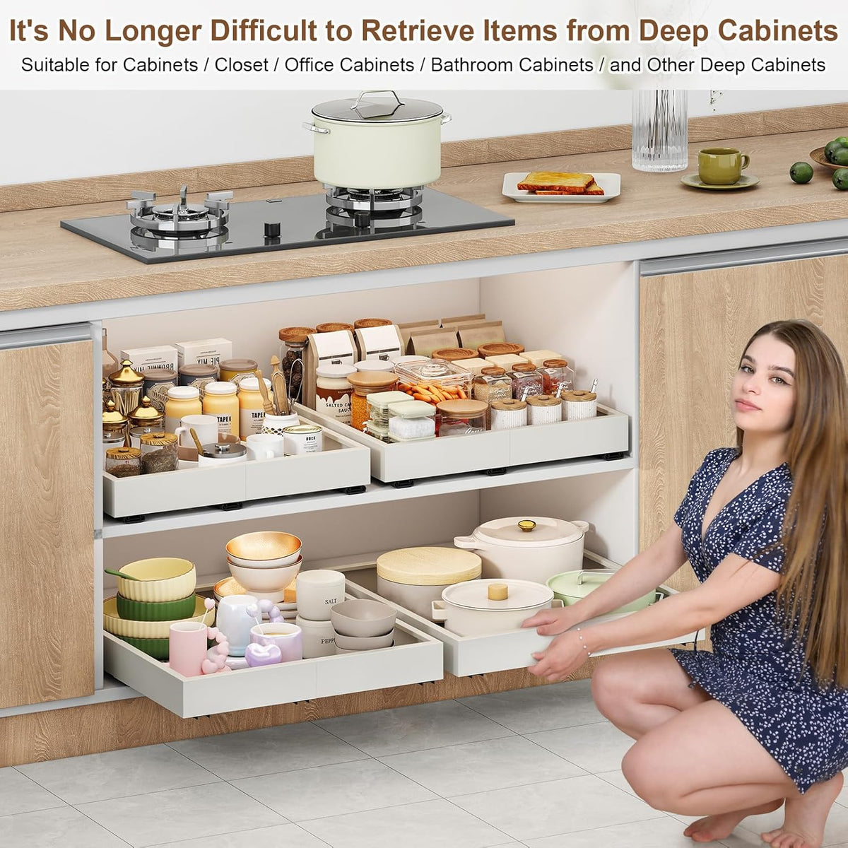 Fokyfok 2Pc Pull out Cabinet Organizer,11"-16"W,17"-24"D,Expandable | No Drill,Adjustable,Roll out Drawers,Adhesive Sliding Drawers,Slide out Shelves for Cabinets Without Lip,Kitchen,Pantry,White - Field & Nook