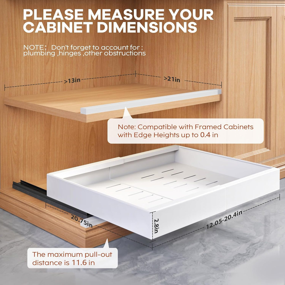 Seinloes 2Pack Expandable Pull Out Cabinet Organizer 21"Deep With Raising Pad for Framed Cabinets, Upgrade 3 Slide Rails Slide Out Drawers, Roll Out Shelves Adhesive,Adjustable Width 12.05"-20.4"White - Field & Nook