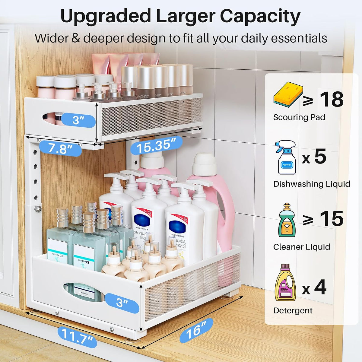 Under Sink Organizer, 2 Tier Pull Out Under Cabinet Organizer Shelf with Pad for Framed Cabinets, Metal Slide Out Under Sink Storage, Mesh Sliding Drawers for Kitchen Bathroom Laundry(White, 1 Pack) - Field & Nook