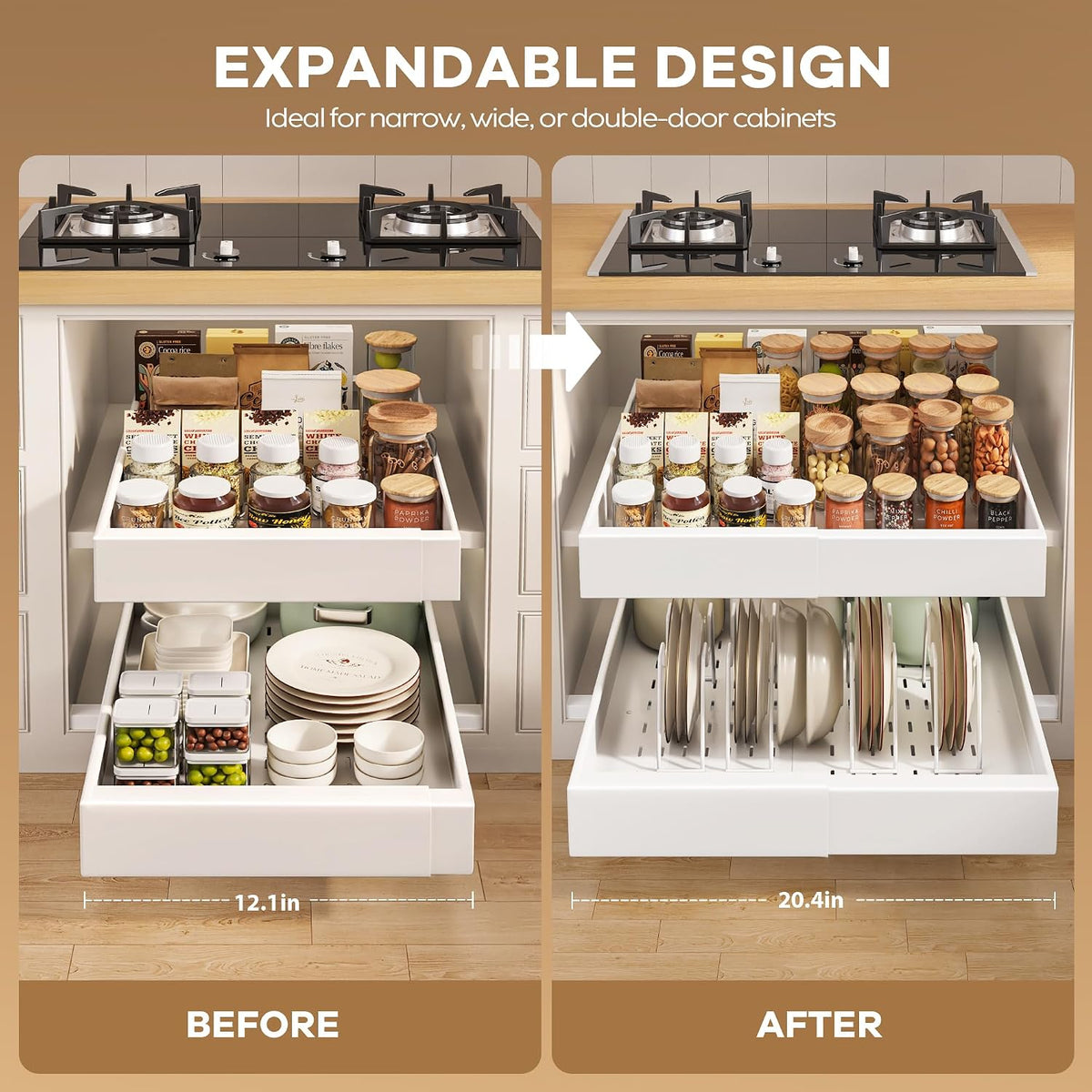 Seinloes 2Pack Pull out Cabinet Organizer 21"Deep with 4 Adjustable Dividers,Expandable（12.1"-20.4"W） Pots and Pans Organizer Under Cabinet with Raising Pad for Framed Cabinets,Slide out Drawers,White - Field & Nook