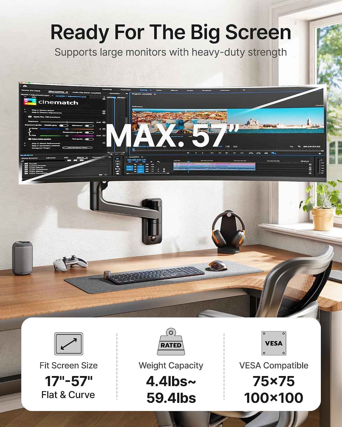 monTEK Single Monitor Wall Mount, 17–57" Gas Spring Arm, Heavy Duty, Black | Fits Max 57" Curved & Ultrawide Monitors, Holds Up To 59.4 Lbs, Full Motion Wall Mount, Compatible With 75/100mm VESA