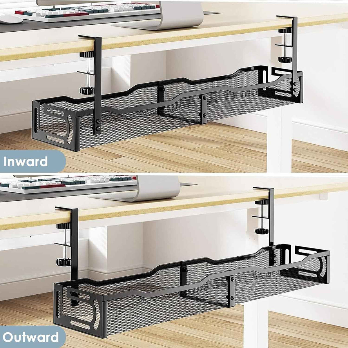 25-Inch Under-Desk Cable Tray – No-Drill Clamp-On Metal Cord Organizer, Black