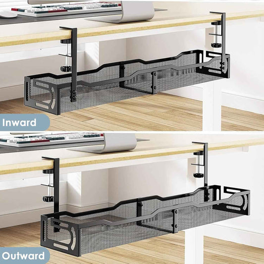25-Inch Under-Desk Cable Tray – No-Drill Clamp-On Metal Cord Organizer, Black