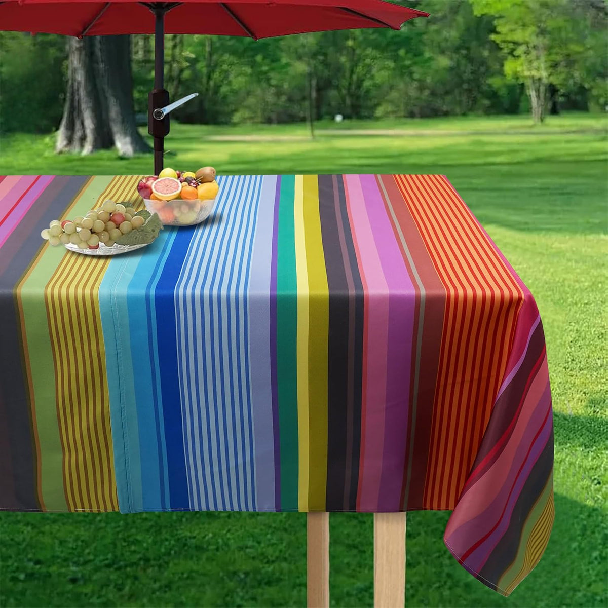 Outdoor Tablecloth with Umbrella Hole and Zipper, Rectangle Patio Table Covers for Spring/Summer, Machine Washable Outdoor Picnic Table Cloth (02stripes, 60" × 84" Rectangular)