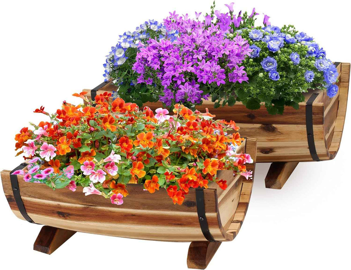 IDZO Solid Acacia Wood Half Barrel Planters Outdoor Set of 2 Different Sizes, Wooden Planters for Outdoor Plants with Metal Bands & Drainage Holes, Legs Included, Natural