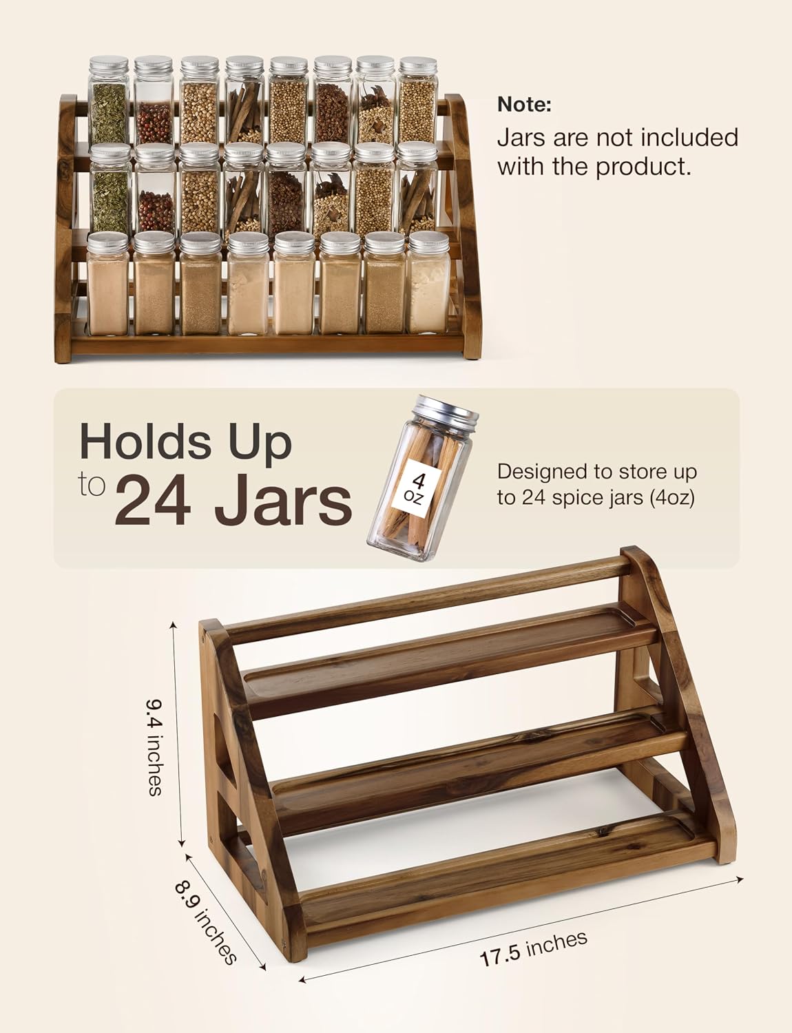 Tinamo Acacia Wood Spice Rack - Wooden 3-Tier Spice Rack Organizer for Countertop or Cabinet – Kitchen Spice Organizer and Seasoning Organizer Shelf (Walnut) | Acacia Wood, 3-tier Spacious Design for 24 Spice Jars, Cutout Grooves for Secure Storage, Ea... - Field & Nook