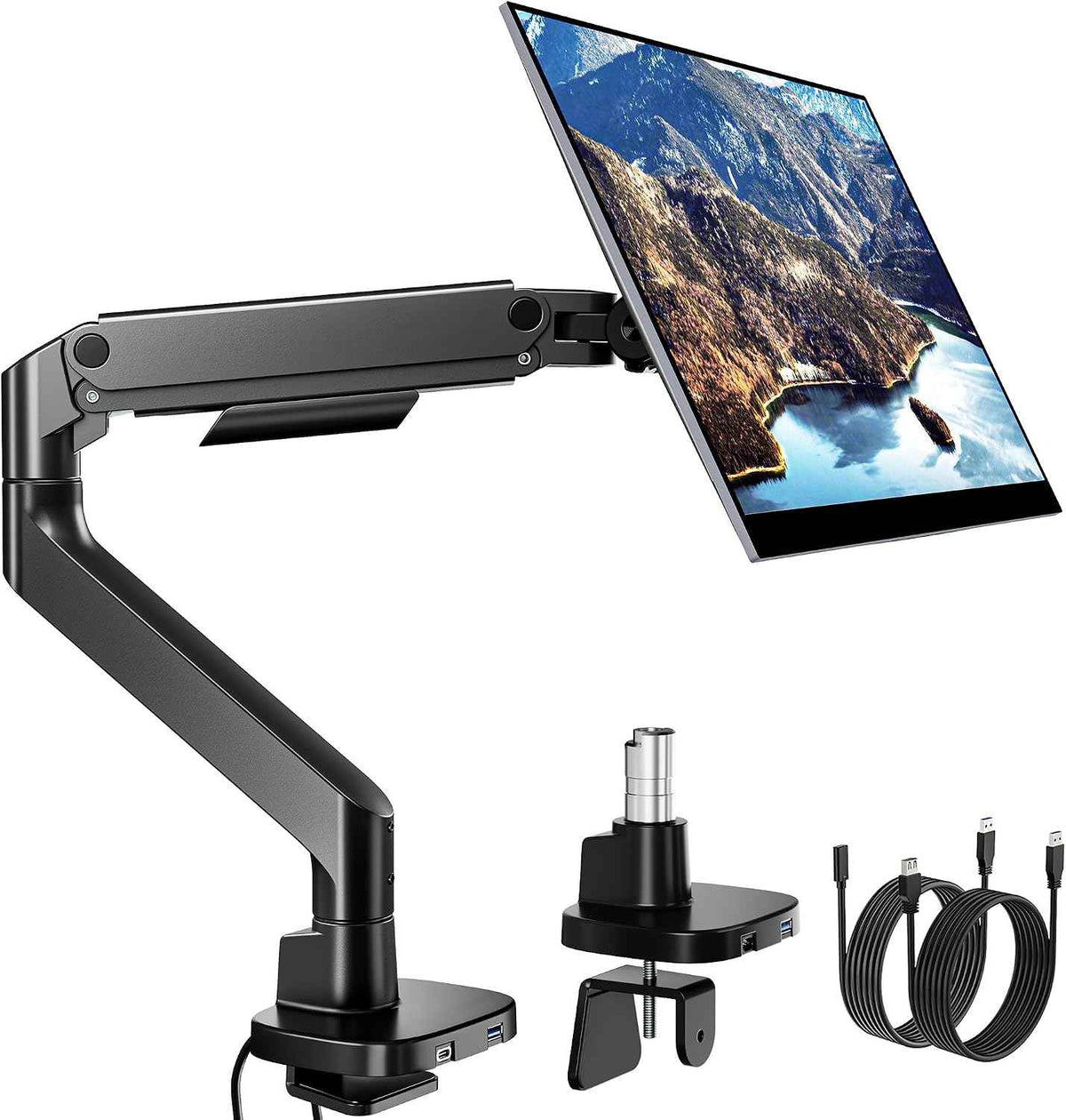 Pegzone Heavy Duty Single Monitor Arm, Gas Spring Monitor Mount for 17-49 Inch Ultrawide Screens with USB, Computer Monitor Stand for Desk with C-Clamp/Grommet Base up to 44 lbs, VESA 75/100mm, Black