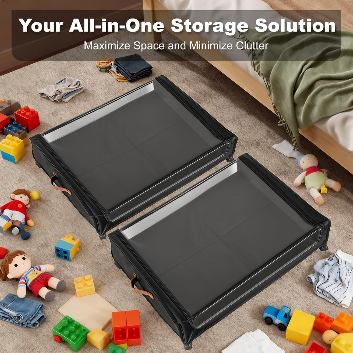 80L Large Under Bed Storage with Wheels, 2-Pack XXL Underbed Shoe Storage | Fit Most Bed, Removable & Locakable Wheels, Sturdy Metal Frame, Clear Lid, Easy Install, for Off-Season Clothes/Blankets - Field & Nook