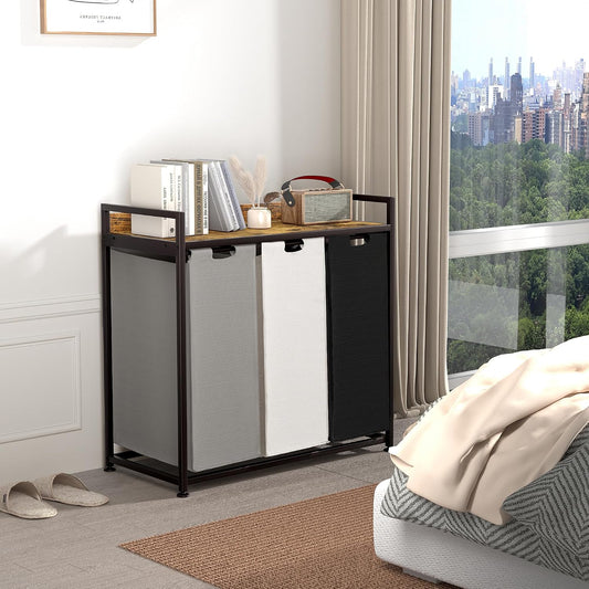 3-Section Rolling Laundry Hamper with Storage Shelf - Field & Nook