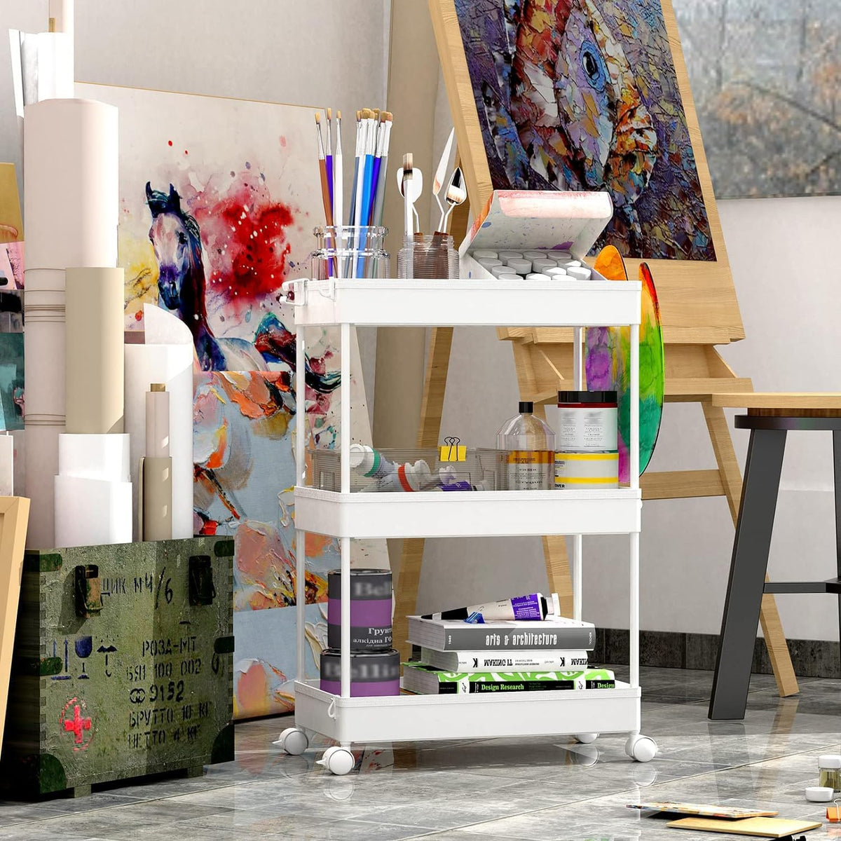 SPACEKEEPER 3 Tier Rolling Cart, Bathroom Cart Organizer with Wheels, White | Mobile Storage Cart for Laundry Room Organization,Kitchen,Office,Bathroom, Utility Cart for Snack,Craft,Art,Makeup,Nail,Toys - Field & Nook