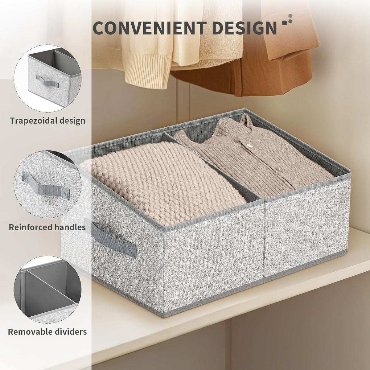 DIMJ Large Closet Shelf Organizer Bins 6 Packs with Handles and Divider, Fabric Trapezoid Storage Baskets, Foldable Clothes Containers Box for Shelf, Towel, Book, Toy, Purse, Hats, Grey - Field & Nook