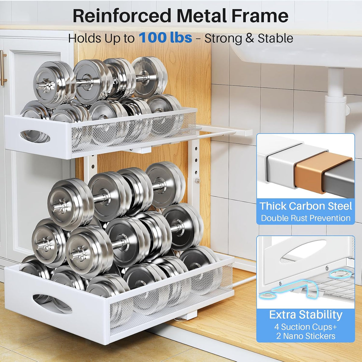 Under Sink Organizer, 2 Tier Pull Out Under Cabinet Organizer Shelf with Pad for Framed Cabinets, Metal Slide Out Under Sink Storage, Mesh Sliding Drawers for Kitchen Bathroom Laundry(White, 1 Pack) - Field & Nook