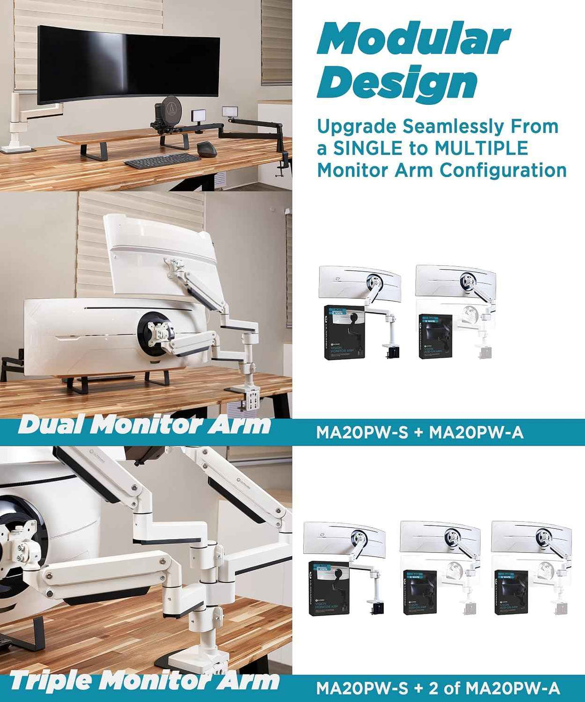 ULTRARM Heavy Duty Monitor Arm for Ultrawide Curved Monitors Modular Design | Max 57", 44 lb, 900R Screens, VESA 100x100, Upgradable, Pneumatic Height Adjustable, C-clamp & Grommet Mount, White, MA20PW-S
