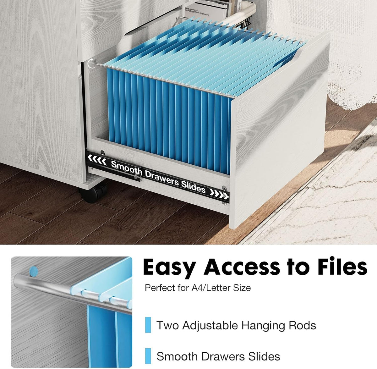 OLIXIS 3 Drawer Lateral File Cabinet, Rolling Printer Stand with Storage | Mobile Filing Cabinet Fits Under Desks, Holds A4/letter Files with Hanging Frame and Lockable Wheels, White - Field & Nook