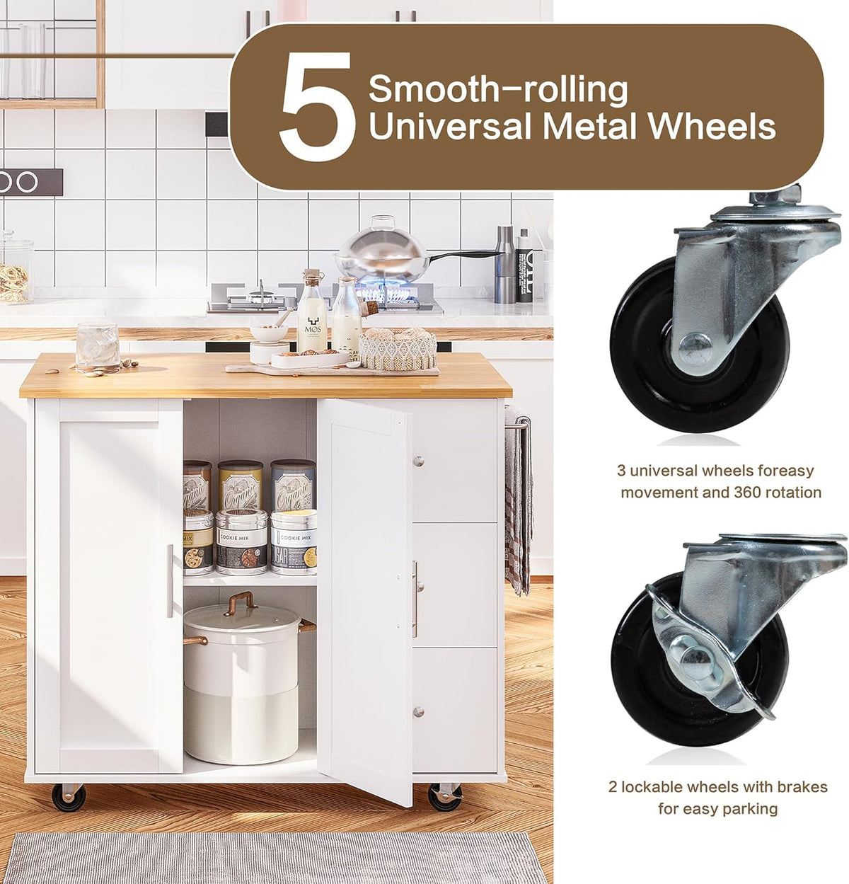 Rolling Kitchen Island – 39.7-Inch, Drop Leaf, Drawers & Cabinet