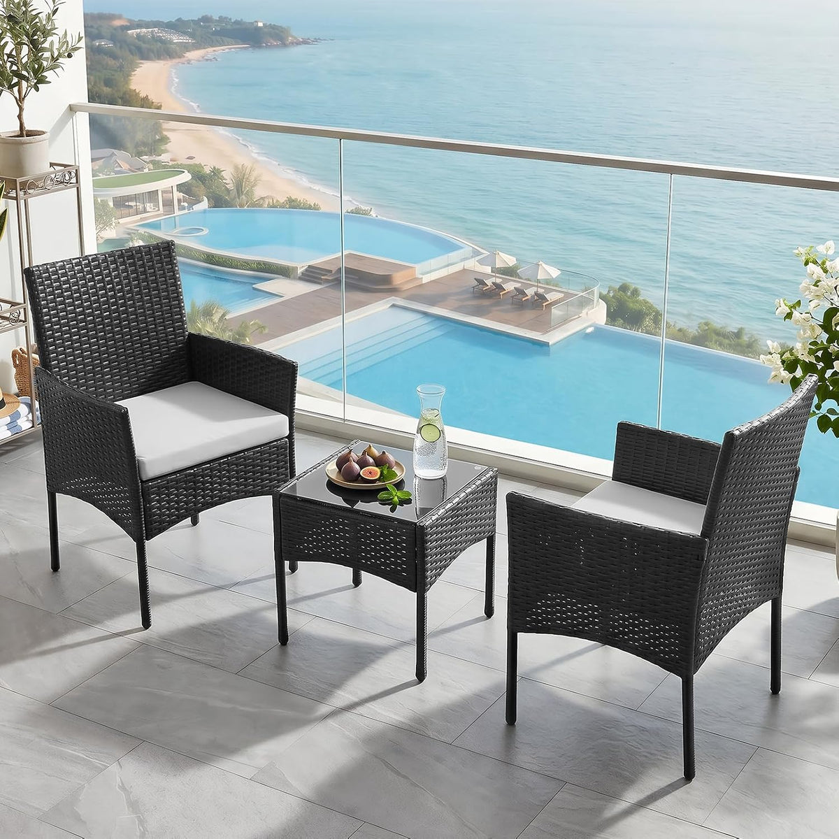 Sweetcrispy Outdoor Wicker Bistro Set, Patio Furniture 3-Piece, Black