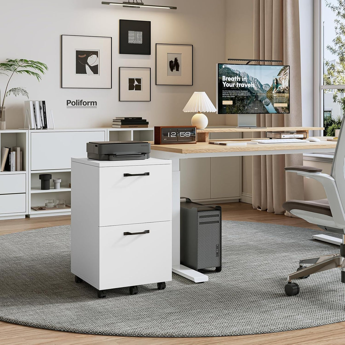 DUMOS 2 Drawer Filing Cabinet, Rolling Under Desk Storage, White | Not for Hanging Files, Printer Stand, Lockable Wheels, Mobile Wood Home Office Organizer - Field & Nook