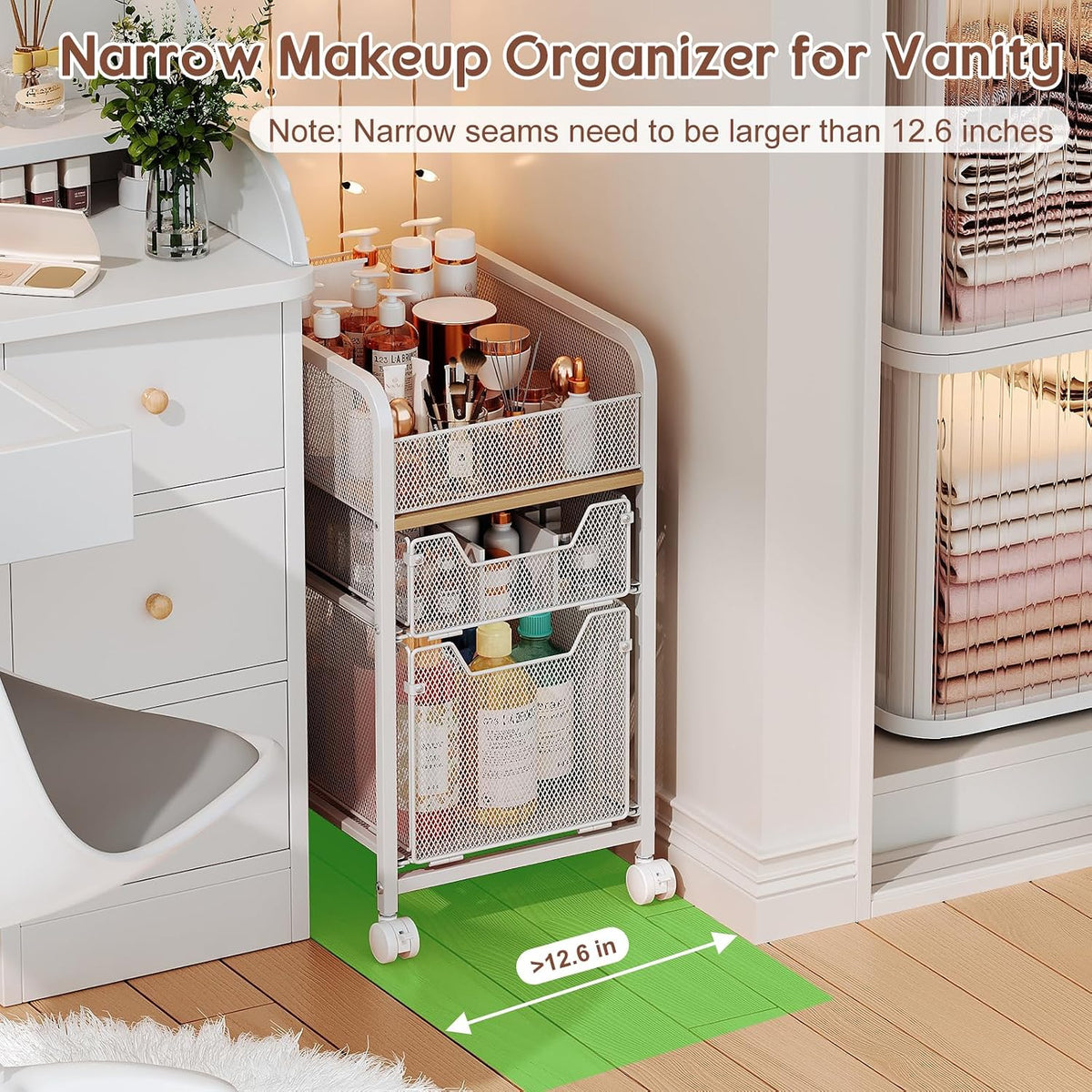 Hongtamoya Rolling Makeup Cart Organizer with 2 Drawers, Under Desk Storage | Narrow Floor Skincare Organizers, Vanity Organizer Cosmetics Display Cases Holder for Nail Polish Perfume Makeup Brush, White - Field & Nook