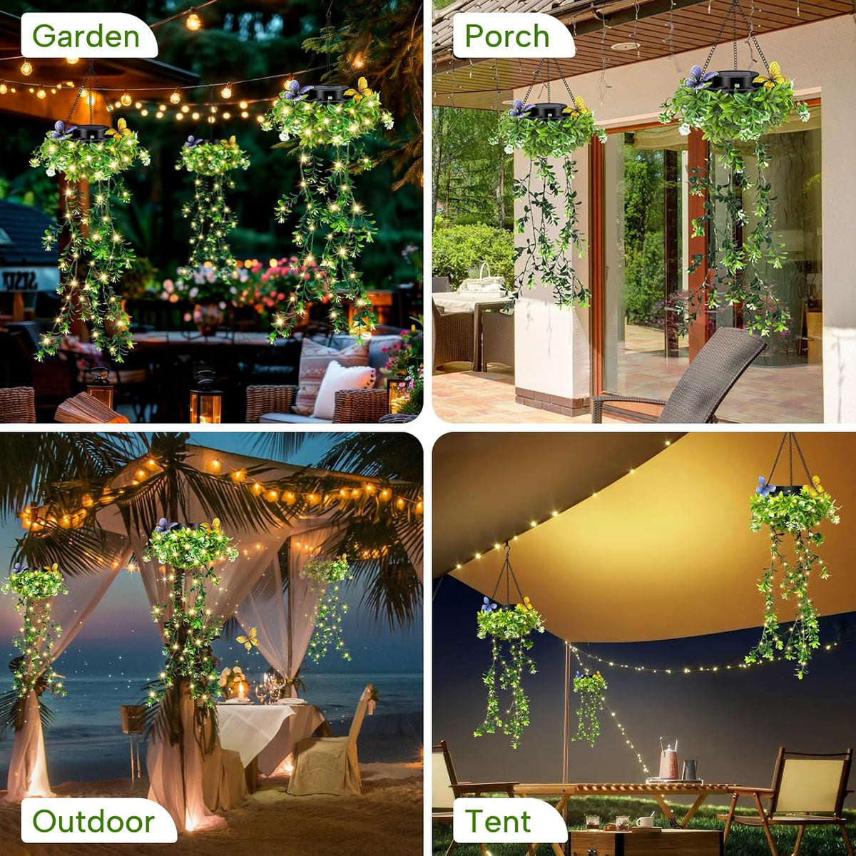 Solar Hanging Garden Lights, 2 Pack 66 LED Outdoor Lights with Realistic Milan Grass & White Flowers, IP65 Waterproof Solar Lanterns for Patio, Porch, Fence, Pergola & Backyard Decor, Auto On/Off
