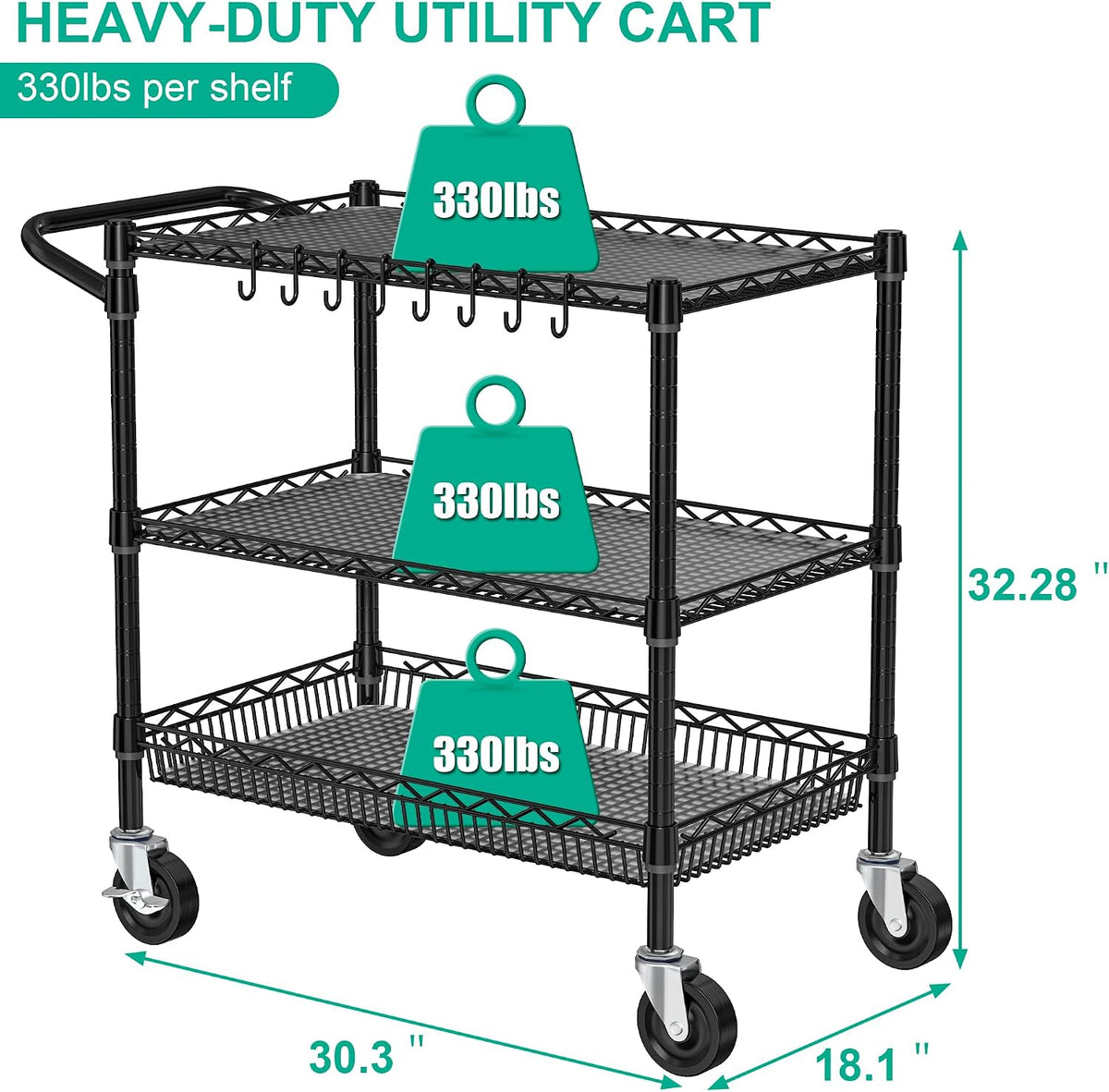 Folews Heavy Duty Rolling Cart with Wheels, 3 Tier Commercial Grade Utility Cart, Metal Storage Organizer Trolley with Handle Bar & Shelf Liner for Pantry, Laundry Room & Household Supplies, Black - Field & Nook
