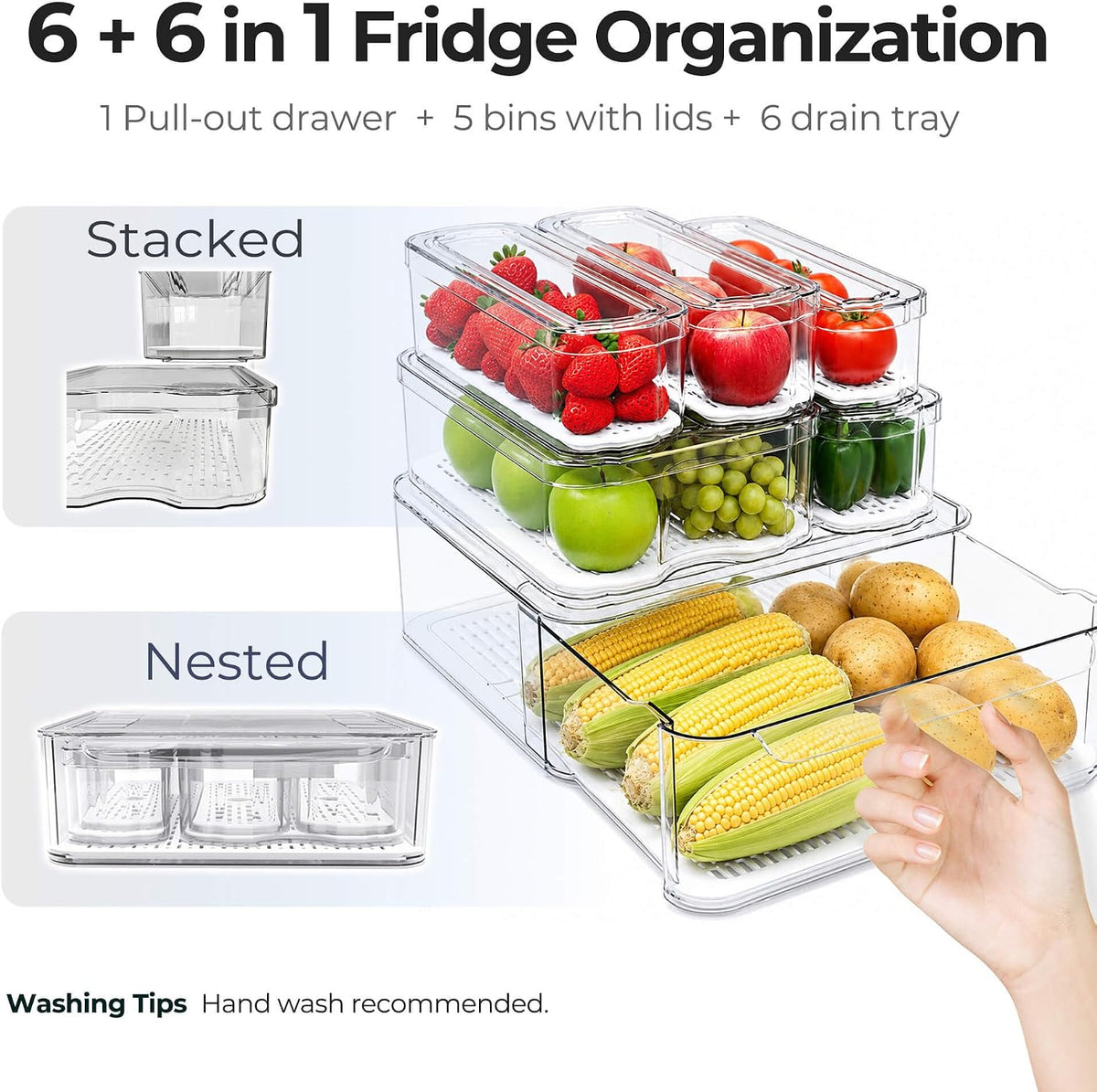 SMRCAD Clear Fridge Bins with Drain Trays - BPA-Free PET, Stackable(6 Pack) | 6 Pack: 1 Drawer + 5 lidded Bins, Helps Keep Produce Fresh, 16.3L Capacity, Hand Wash Only - Field & Nook