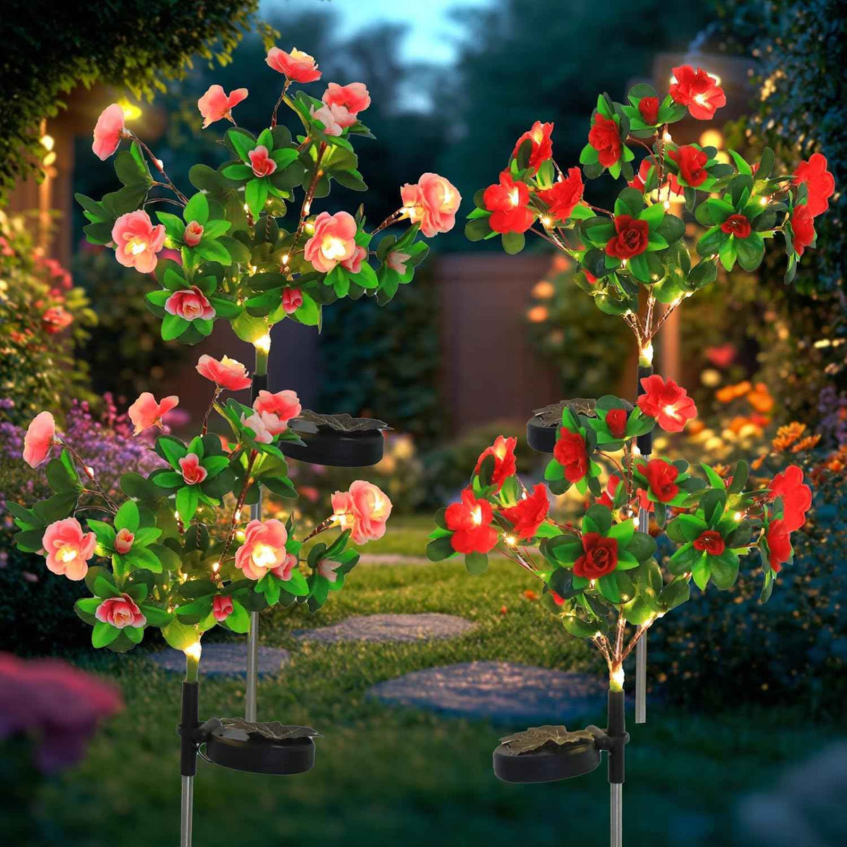 Garden 4 Pack LED Solar Flower Lights with More Realistic Azalea Flowers Solar Garden Lights Outdoor Waterproof for Yard Patio Lawn Pathway Walkway Decoration 4-Pack Red & Pink Combo